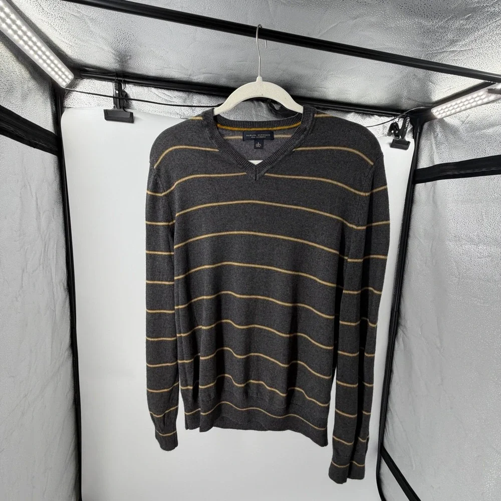 Banana Republic Mens Silk Cashmere V-Neck Striped Sweater Grey Yellow Small